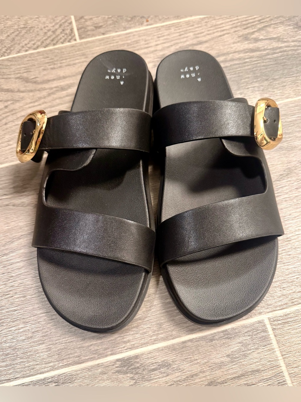 Black Double-Strap Slide Sandals with Gold Buckles